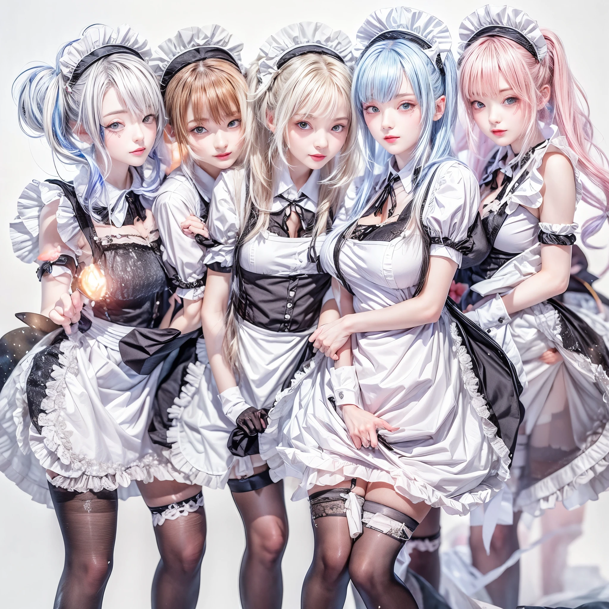 (Full Body of Extremely Detailed((Sexy Maid Group in a row:1.37))), KAWAII perfect face, Reflective Eyes, Detailed(Delicate Clothing textures), Correct Leg Line, Dynamic Joyful Expressions LifeLike Rendering, Specular Reflection, TopQuality 8K Ultra-detailed masterpiece (ProfessionalPhoto:1.37), (Acutance:0.8), (Luminism:1.28), (Renaissance art style), Colorful Light particles, ((Full body from side)), {Kissing|Thigh Gap|AssFocus|(NakedApron with Overflowing SideBoob)}, Radiant Fine Skin with Transparency, (Exposed:0.4), (Different types of Anime hair color){Pink Hair|Blue Hair|Platinum Blonde|Pure White Hair|Liquid Hair}, Perfect Lighting