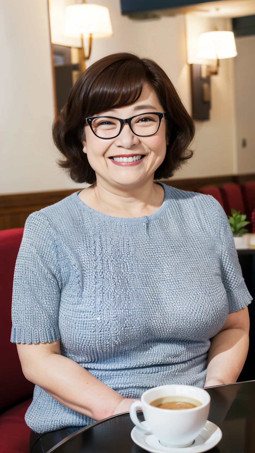 8k wallpaper, masterpiece, Highest quality, Very detailed, One Mature Woman, 50 years old, Become very clear, Wearing a short-sleeved knit, Skin dents, Captivating smile, Looking at the audience, No lapel microphone, Plump, Curvaceous, Attractive face, Smiling with teeth showing, I was happy, sitting in a cafe, Background Blur