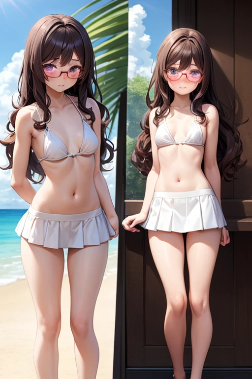 ((best quality)), ((masterpiece)), (detailed), 1 girl, full body, 19 years old, embarrassed face, young adult, glasses, somewhat short stature, purple eyes, brown hair, somewhat wavy hair, long hair, bang, blushing, very small breasts, sexy white bikini with little skirt, seductive legs, beach background, looking to me, anime