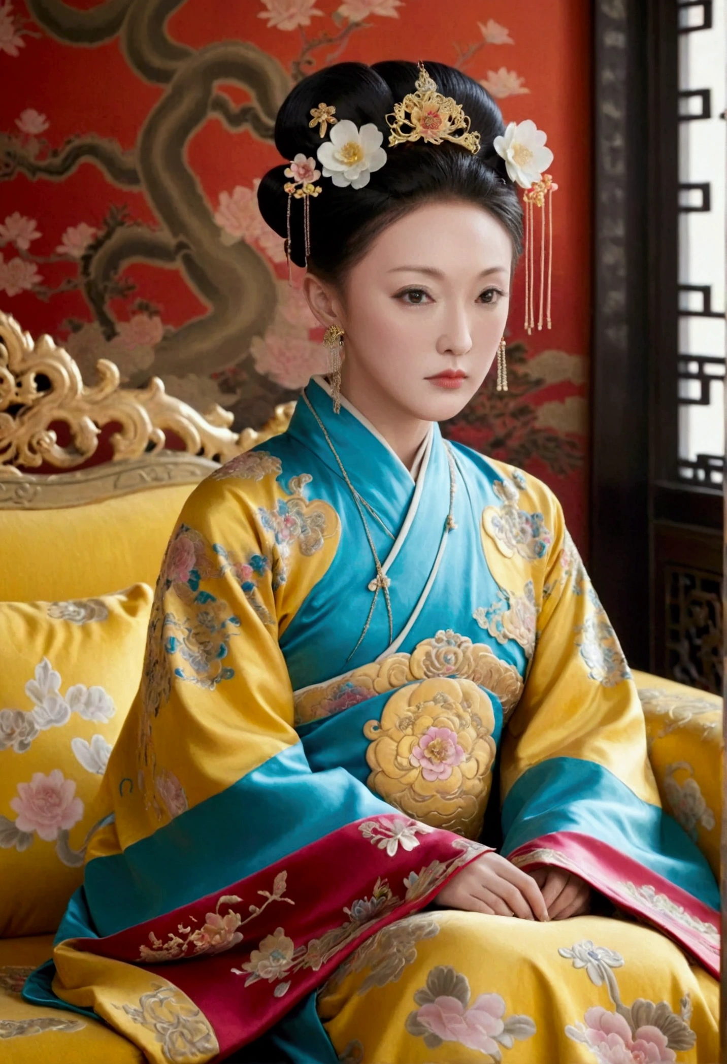 A large golden sofa with a fully naked Chinese Qing Dynasty empress sitting on it, her large breasts exposed and her hair tied to both sides.、Hairpins and flower decorations for Chinese empresses、Hair tied in the back, a perverted and erotic female background、The setting is the luxurious room of the Empress in the Qing Dynasty palace of China。.。
