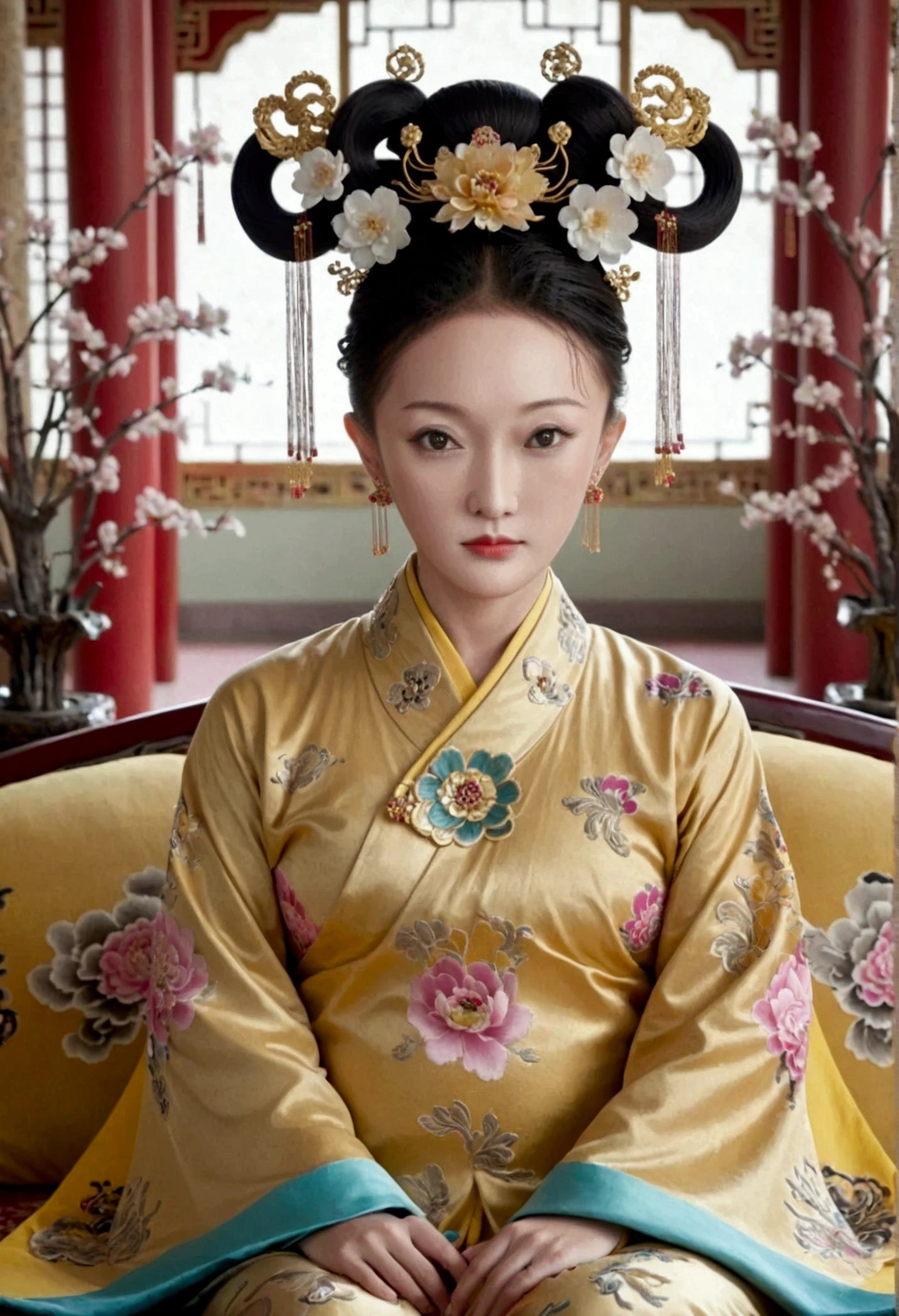 A large golden sofa with a fully naked Chinese Qing Dynasty empress sitting on it, her large breasts exposed and her hair tied to both sides.、Hairpins and flower decorations for Chinese empresses、Hair tied in the back, a perverted and erotic female background、The setting is the luxurious room of the Empress in the Qing Dynasty palace of China。.。