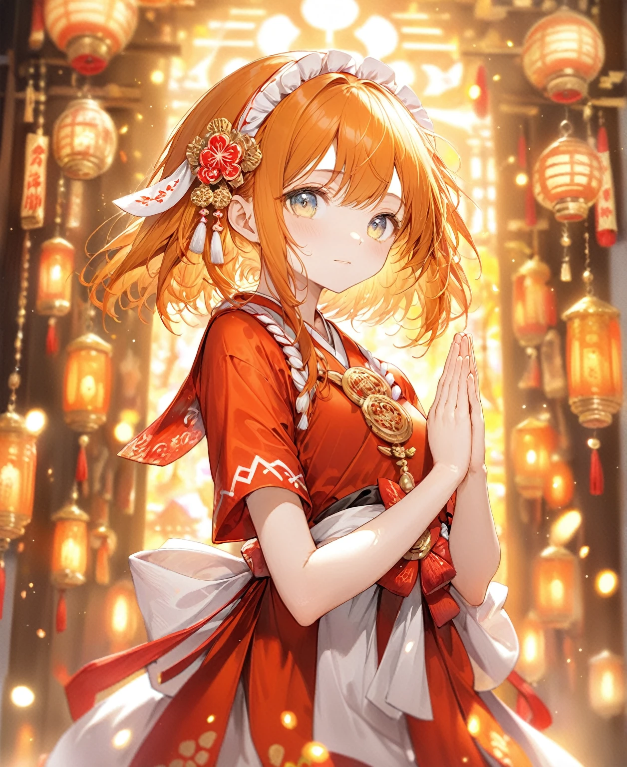 (Highest quality,8k,32K,masterpiece,Ultra-high resolution :1.2 ),born,One person,Super cute,Natural light,Clear, shining eyes,20-year-old,Fair skin,A Fantasy Background,Orange Hair,Fluorescent Shrine Background,Stretching,Prayer,worship,Hands together,Shrine maiden outfit
