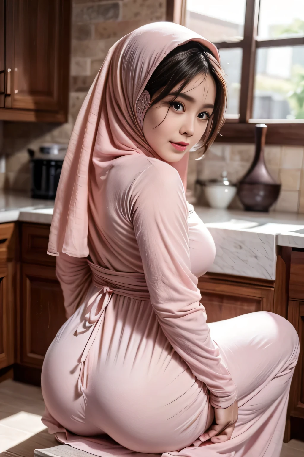 RAW, Best quality, high resolution, work: 1.3), Beautiful Indonesian girl wear hijab, indonesian hijab woman,Highly detailed CG Unity 8k wallpaper, top quality, super detailed, masterpiece, realistic, photorealistic, highly detailed cute girl, 30 years old, full body shot, potrait, kitchen  detailed,sweaty skin, blush, parted lips, round eyes , ((erect, emerge, streak)), (( tight thighs, protruding buttock)), (the contour of the legs clearly visible ), cute face detailed, Squatting above the kitchen table, seductive, fat arms, (( wearing pastel colored chiffon maxi dress )), ((wearing light pink chiffon maxi dress)), erotic, looking seductively, soft smile, plump body, body lighting, hands up, armpit showing, looking at camera, long shirt, rear view, ((the contour of the buttock clearly visible)), bum showing, buttocks facing camera, accentuate your buttocks, buttock crease clearly visible, buttock shot, shot from below