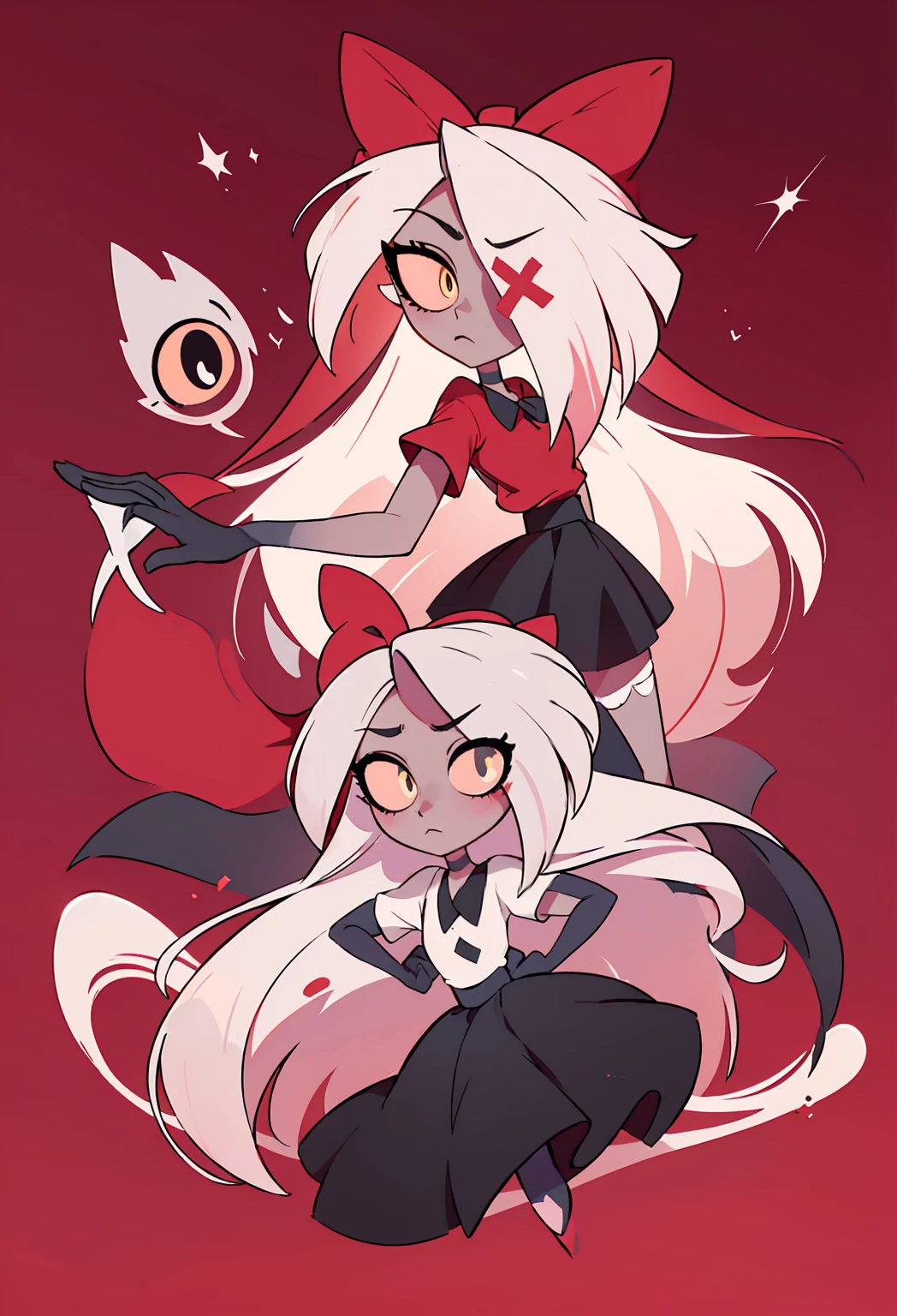 Vaggie from the hazbin hotel, 1 girl, Alone, Masterpiece, Best Quality, illustration, extremely long by white, red ribbon on the back of the head, an eye covered by hair, red x in the eye, pretty eyes, sparkling eyes, sweet expression, good forms, perfect lines, perfect linear, professional, GOOD, beautiful, dynamic poses, (hotel suit, Red shirt, black skirt, black stockings, gloves, bow), gray/piel gray, by white, pink sclera, yellow pupils, long by white, pretty beautiful face, sweet expression, vaggie suit, White shoes, Red shirt with black collar, gray skin, beautiful style, beautiful
