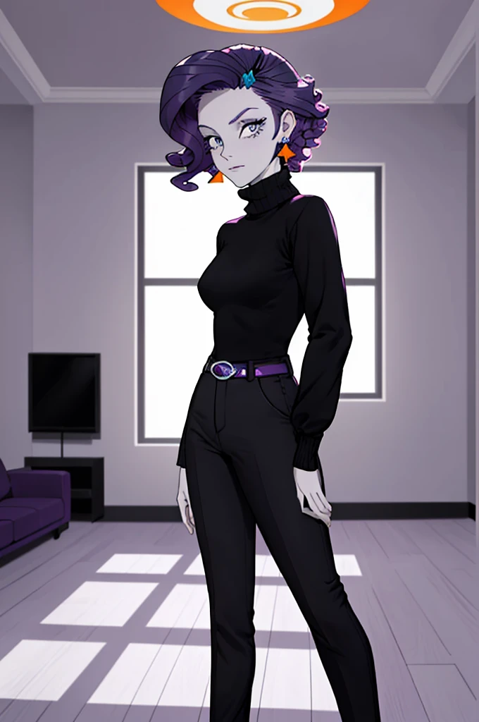 women, blue eyes, Pale skin, Curly Purple Hair, wearing turtleneck, Black pants, earrings, looking to the camera, surprised expression, inside, Living room, Instagram Pose, comfortable room, hot colors, bright lighting, moody atmosphere, in underwear big breasts, pose sexy