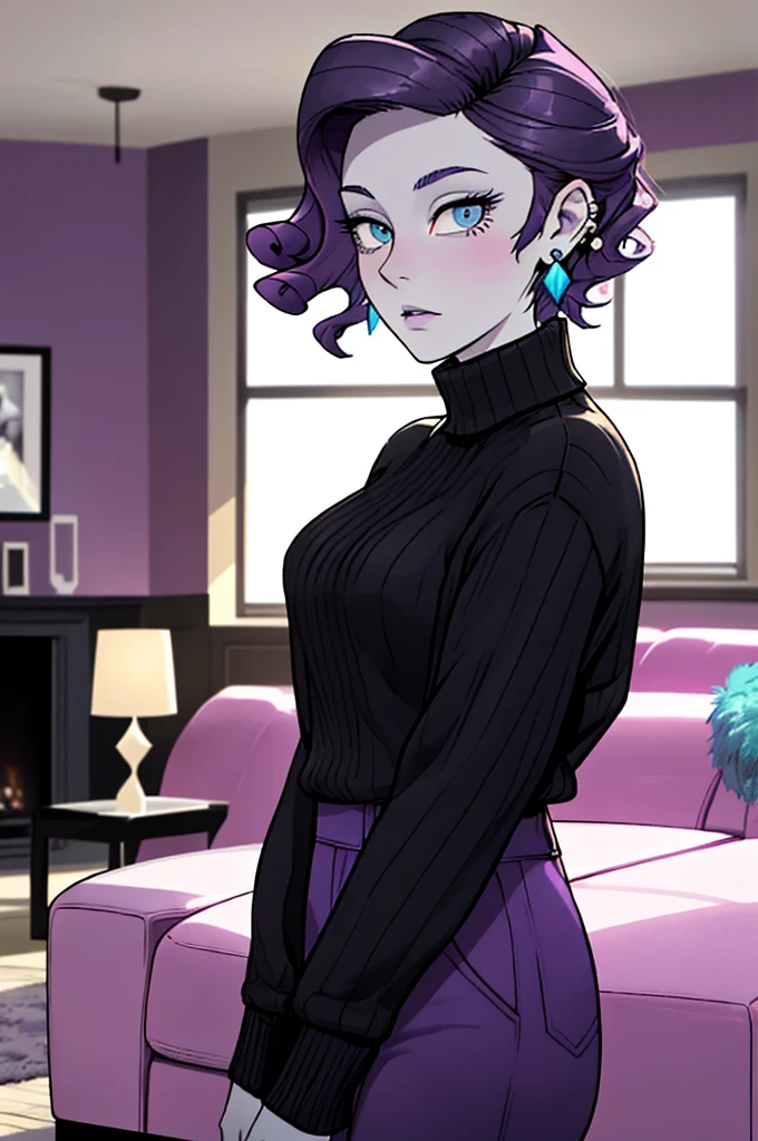 woman, blue eyes, pale skin, curly purple hair, wearing turtleneck, black pants, earrings, looking at camera, suprised expression, indoors, living room, instagram pose, comfy room, hot colors, bright lighting, moody ambiance, 