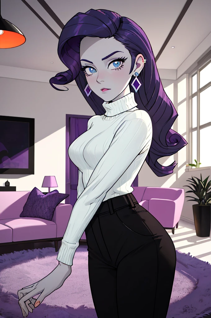 woman, blue eyes, pale skin, curly purple hair, wearing turtleneck, black pants, earrings, looking at camera, suprised expression, indoors, living room, instagram pose, comfy room, hot colors, bright lighting, moody ambiance,
