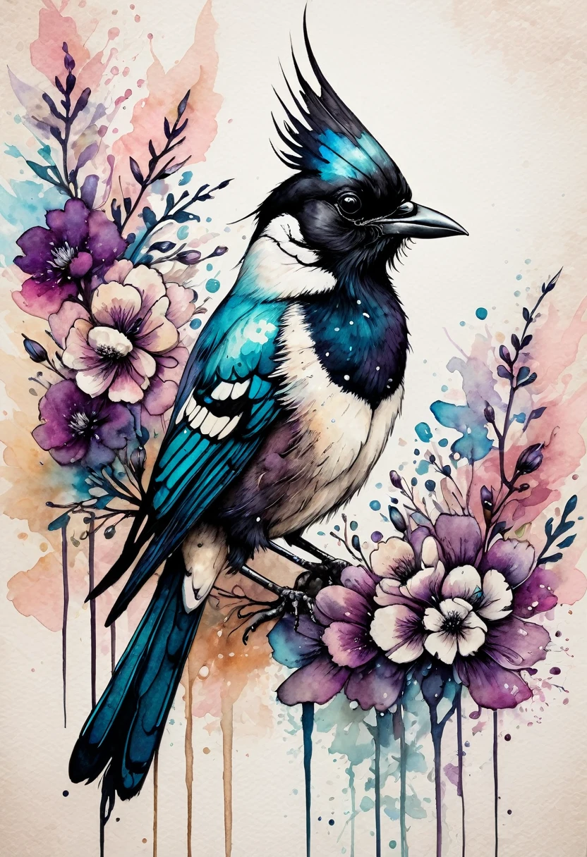 alcohol ink on textured paper, strong textures, dynamic inklines, washed ink, nuanced colors, vignete, illustration of a magpie, flowers, whimsical, enchanting illustration, art by MSchiffer