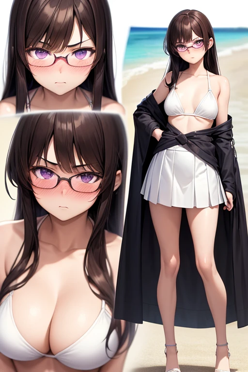 ((best quality)), ((masterpiece)), (detailed), a girl, full body, 19 years old, serious face, young adult, glasses, somewhat short stature, purple eyes, brown hair, slightly wavy hair, long hair, bangs, blush, very small , sexy wh bikini with skirt, seductive legs, beach background, looking at me, anime