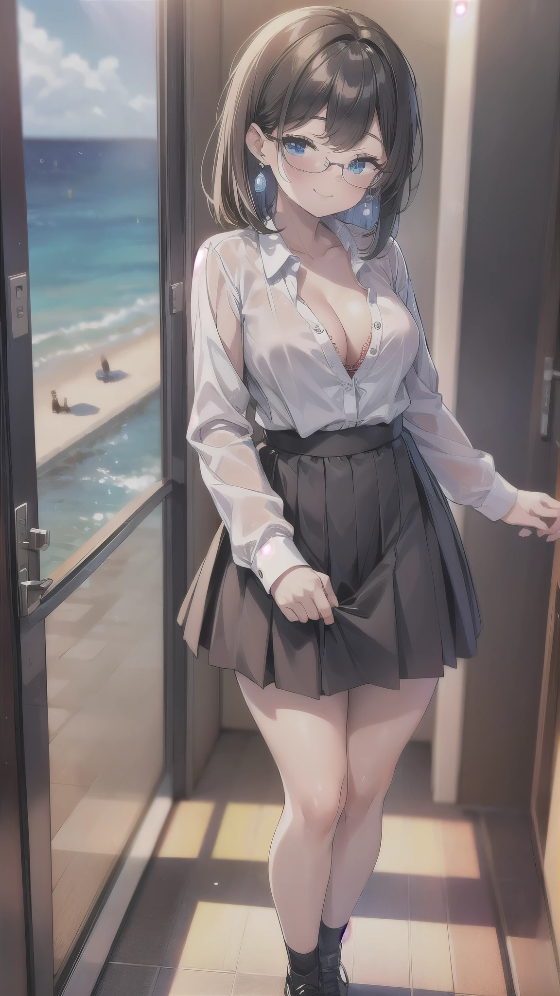 （super high quality,Ultra-high resolution,16K,super masterpiece,Ultra HD,Detailed shading）,Full body photo,the sunlit entrance,A seductive mother,（popped collar White shirts,Bring the hem out,Tight collar,Long sleeve,BLACK Tight Skirt）,sexly,Short black hair,Sweep your bangs to the side,Glasses,smile,Pearl Earrings,Pearl Necklace,Engagement Rings,slouch,Opening the Door,