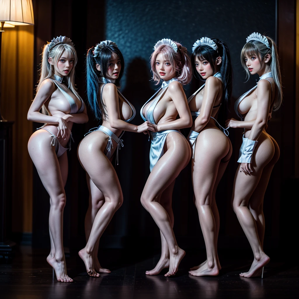 (Full Body of Extremely Detailed((Sexy Maid Group in a row:1.37))), KAWAII perfect face, Reflective Eyes, Detailed(Delicate Clothing textures), Correct Leg Line, Dynamic Joyful Expressions LifeLike Rendering, Specular Reflection, TopQuality 8K Ultra-detailed masterpiece (ProfessionalPhoto:1.37), (Acutance:0.8), (Luminism:1.28), Renaissance art style, Colorful Light particles, ((Full body from side)), {MicroMini Skirt|Kissing|Undressing|Thigh Gap|Roundly Tiny AssFocus|(NakedApron with SideBoob)}, Radiant Fine Skin with Transparency, (Exposed:0.4), {Pink Hair|LightBlue Hair|Platinum Blonde|Pure White Hair|Liquid Hair}, Perfect Lighting