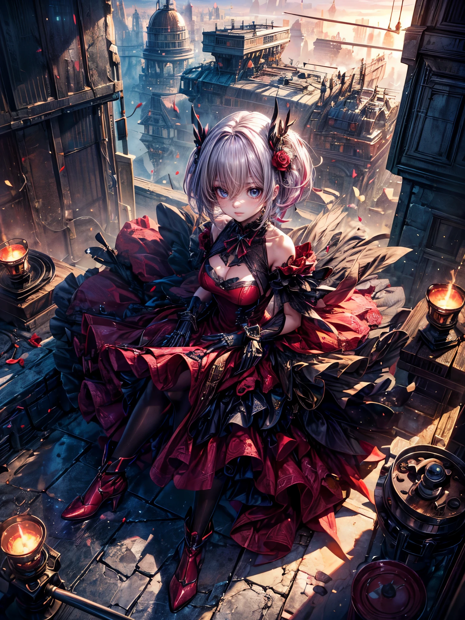 High resolution, Winner of numerous awards, Ultra high definition, Textured skin, Retina,
masterpiece,(bestquality),highlydetailed,ultra-detailed,1girl, (A composition where a girl:1.4)(A crimson red dress blended with mechanical parts:1.2)(Modern landscape:1.2,natural lighting:1.5,confidentexpression),(Rooftop)(panorama:1.2),smile,angle、chrome,raw(A beautiful girl with pink hair in a short cut:)(Hands and feet are mechanical parts)(White heel boots)(Rose with red as the main color)