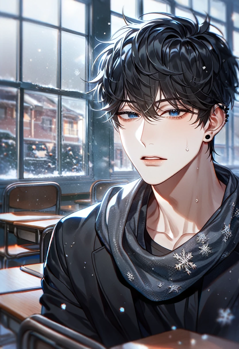 absurdres, highres, ultra detailed, HDR, master piece, best quality, extremely detailed face, delicated features, Kang Woojin, black hair, messy hair, expressive dark blue eyes, Love Jinx, solo, sexy man sitting, handsome, sensual, uniform, black jacket, white opened shirt, black scarf, black T-shirt, black piercings, classroom, window, chairs, desks, snowing, snowflakes