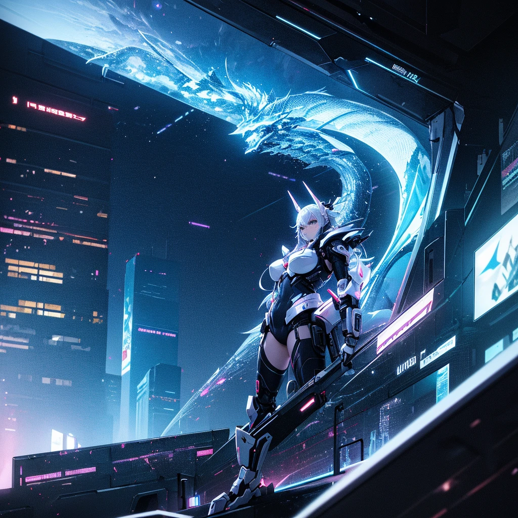 8 K, ultra HD, Background type, cyberpunk anime, White Buildings, White Towers, Fantasy, 3d, White cybernetic dragons in the background, landscape