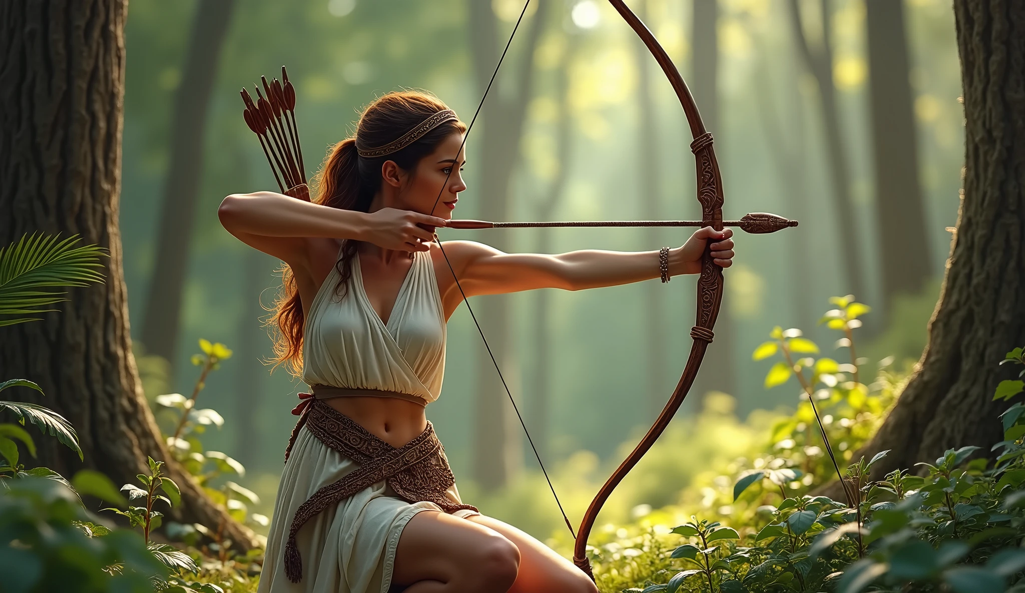Artemis is typically depicted as a beautiful and athletic young woman, appearance is fresh and vigorous, short white greek tunic, Hunting Belt with sheathed knife detailed knife handle, Quiver and Bow: quiver full of arrows and a bow with details about nature, Light sandals, long brown hair tied with a headband. She is in the forest hunting, bow aiming, shoots an arrow with one a knee on the ground,