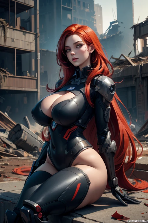 Super-detailed, 8k, 1 girl, mature, long red hair, perfect figure, busty body, curvy body, large and droopy breast, slender hips, thick thighs, huge round ass, mech suit, fallen in the ruin of a building, defeated, passed out