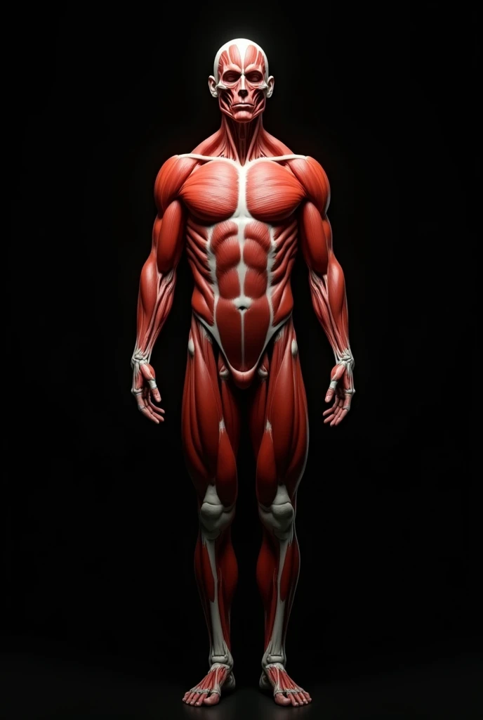 Image of the human body showing muscle fibers and divisions of muscle groups with a completely black background and posing