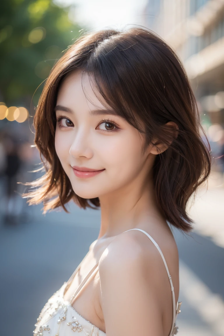 ((best quality, 8K, masterpiece :1.3)), 1 girl, Smile, whole body, Thin face, pretty Woman, (Dark brown hair), Long Dress :1.1, Super detailed facial details, Exquisite eyes, Double eyelids, Blurred background, Thin face, City, External, street,