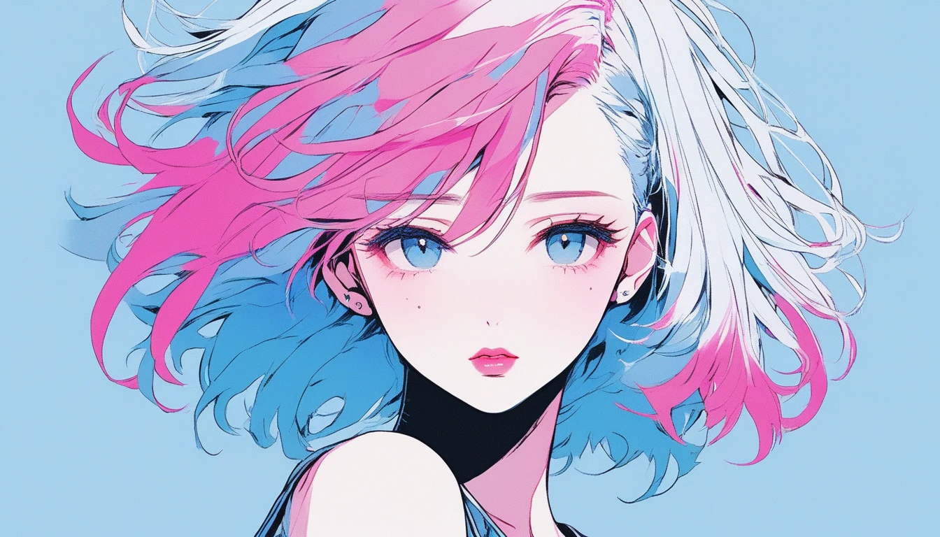 Illustrator, anime , Realistic ,sketch ,１, delicate,lip, T-Shirts,order,Textured Trim, (masterpiece,Highest quality,High resolution, Super detailed) , Blue pink neon hair,Canadian, (masterpiece,Highest quality) Cancer，Strong sunlight,