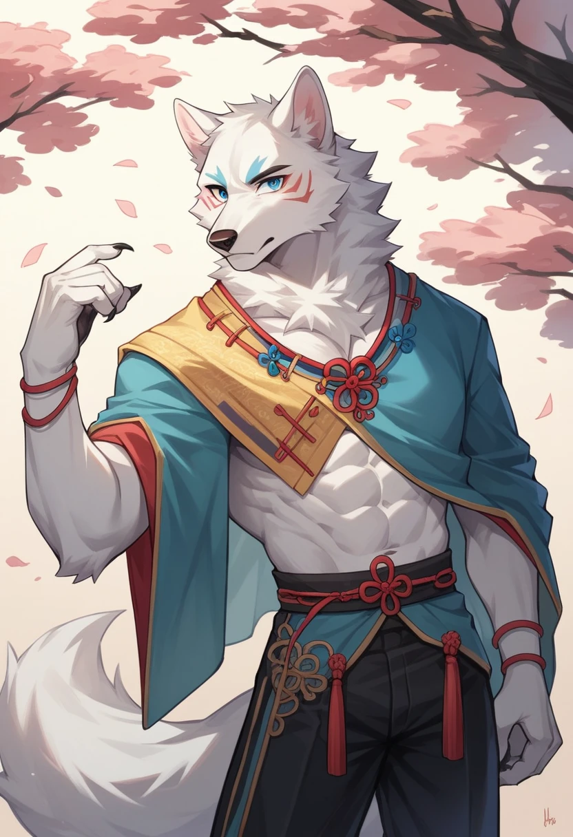 Furry,white fur,male people,teenage,canid,white wolf,solo person,sharp talons,stand,white-skinned, blue eyes,Fluffy tail,Chinese ,blue, Peach blossom tree,son of a rich family,ancient costume,pants,Less shadows,elegant,ultra - detailed:1.0