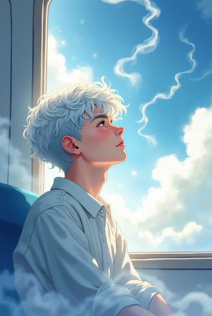 Create an illustration for the cover of a book, 23 year old young man, man, silver hair, short hair on the sides, curly hair, half body and face shot, Looking at the sky, surrounded by a mist, Mist flows from his eyes, Mist flows from his mouth.In white and blue tones, fantasy book cover style.

Short hair on the sides, curly hair. sitting on a train. 
Marvel style, watercolor style
