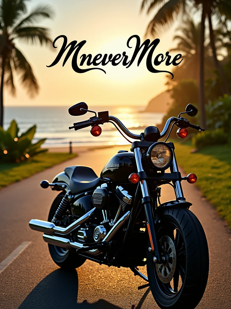 logo "MneverMore" hand sign stylish signature letter logo front, background realistic with Harley Davidson fatboy custom, Pandawa road, kuta-Bali Background.
