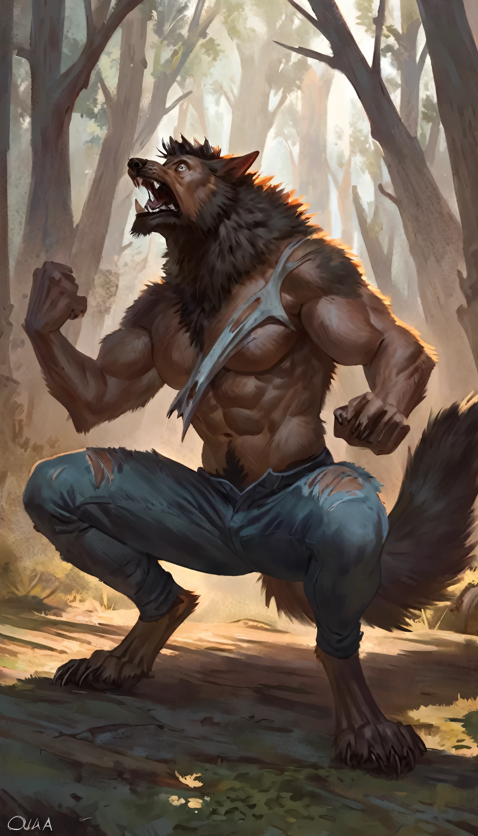 Werewolf macho, comic style, illustration, Alone, ABS, Pecs, concentrated expression, male body, masterpiece, Best Art, Whole body, digitigrade, by ouna, by taran violinist, ripped jeans, broken shirt, Detailed hands, high, detailed eyes, big tail, detailed torso, forest, expression of pain, transformation, Screams, looking at the hands, squat pose , legs open