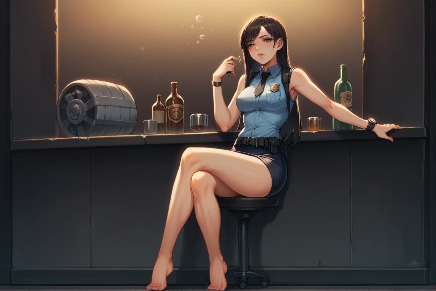 Highest quality, Very detailed,((1 person)), police, Adult, resident evil style, sexy police officer in uniform, Sleeveless shirt,Ultra mini skirt,belt,watch,slim, evening, Soft Light, Facial details, Drunk, Long black hair, Beautiful Skin, fringe, Pale pink lips, I'm hiccuping so hard I'm shaking., Big black eyes, Looking at the audience, Full body shot, 16K