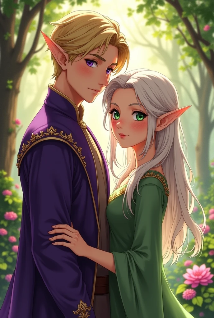a handsome, masculine elf, short blonde hair, with purple eyes and elegant purple clothing next to a female elf with nearly white blonde hair, with freckles and green eyes, tender look, green dress,both 25 years old. realistic anime style illustration.