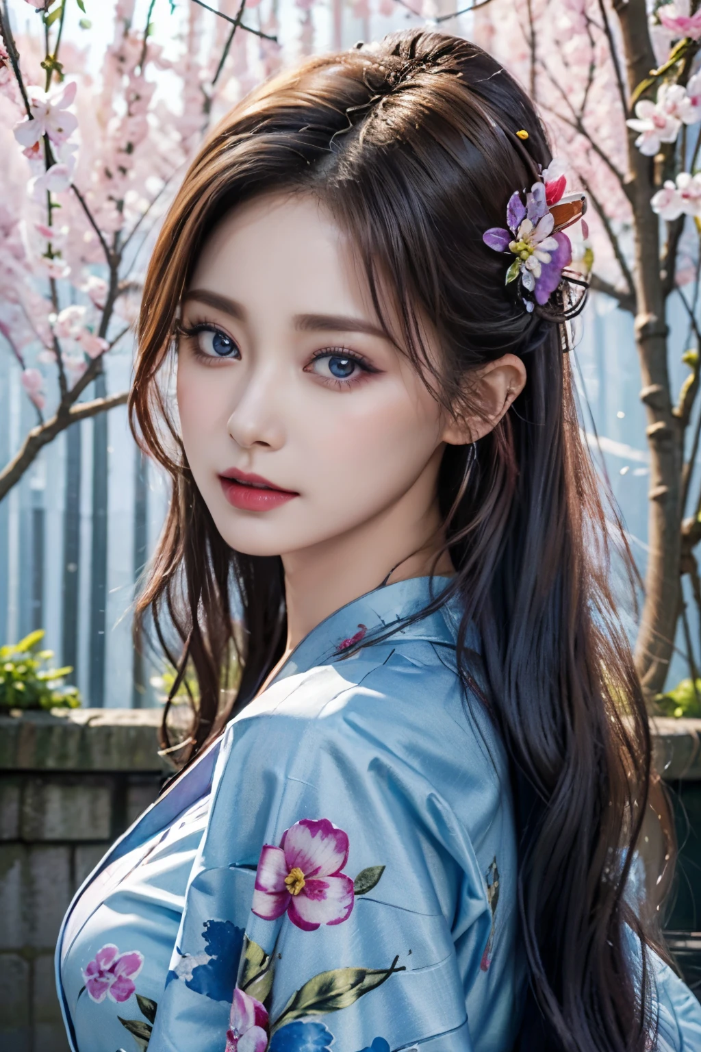 Realistic, High resolution, 1 Female, alone, Lift your hips high, View the viewer, (Detailed face), kimono, Fine Jewelry、Precious stones、Lots of flowers、Light purple eyes、Mid-chest、Big Ass、Gorgeous、華やかなkimono