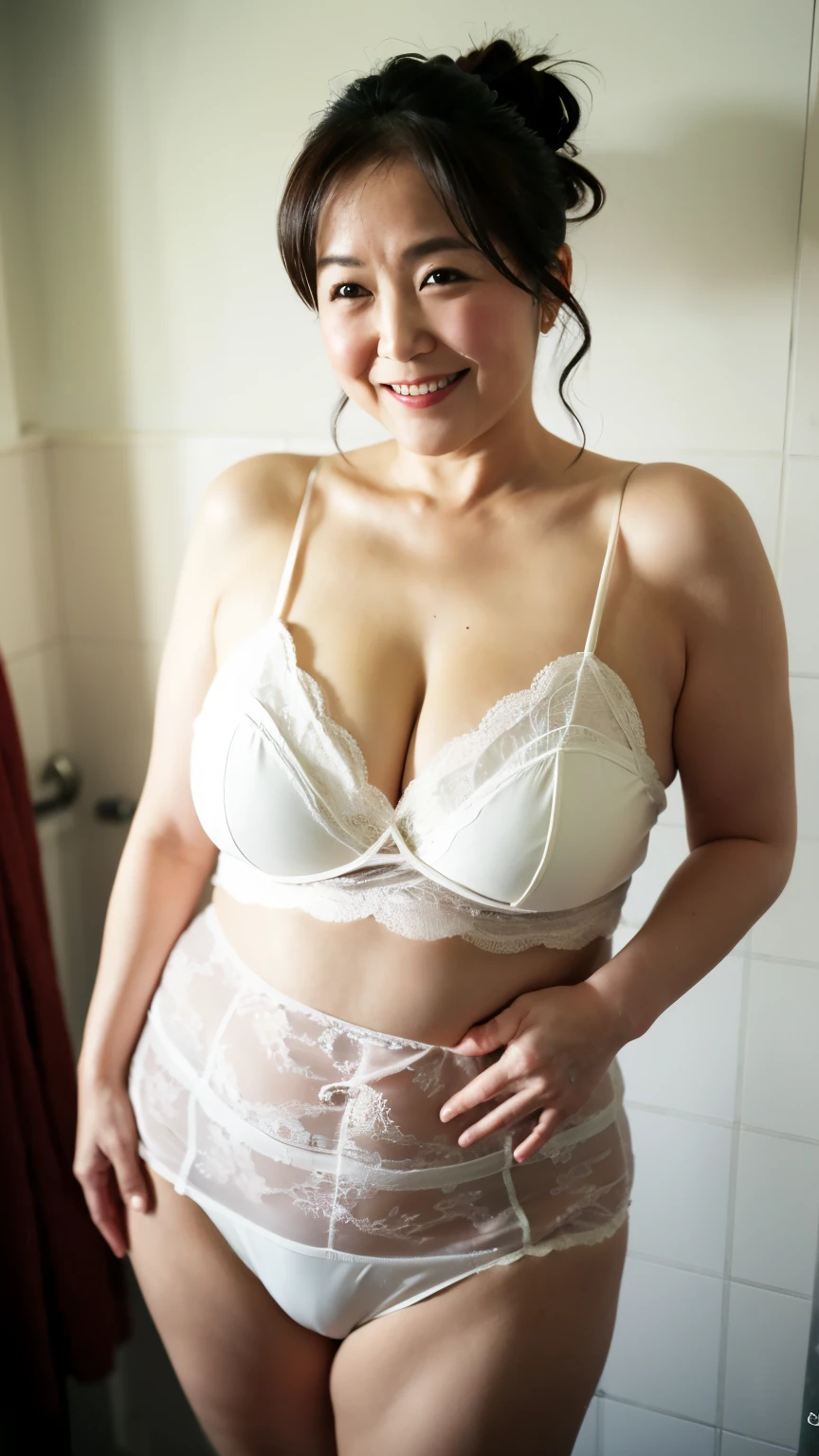 super high quality, Background Blur, In front of the bathroom, gravure, I'm sticking out my, 65 years old, ，Fat belly，Very plump, From the chest up, masterpiece, Highest quality, Very detailed, Realistic, Ultra-dense skin, Perfect Anatomy, Plump Mature Woman, Wrinkles around the eyes, , Big Breasts, In underwear, A shy toothy smile, Chubby, Glamour, sexy, Pure white skin, Looking at the audience,