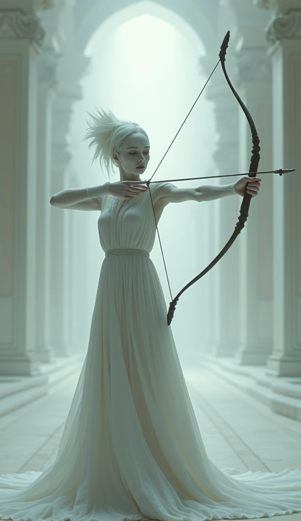 Screenshot, alien in gorgeous white clothes, pale (lifeless), rough skin, rough texture clothes, deep wrinkles, shooting a bow, pure white light, detailed skin expression, magnificent classical building background (realistic film lighting, 4K quality, surreal, detailed photography, film style, 35mm, rich and deep color, masterpiece, ultra high resolution, photorealistic, 8k, surrealism, Fujifilm: 1.3), mysterious and beautiful atmosphere, gorgeous and fantastic atmosphere, fog, rough image texture, mysterious atmosphere, spiritual being (not AI image),