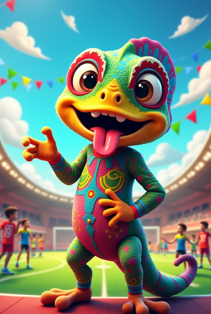 Create an artistic chameleon that is a mascot for a school in the style of the World Cup mascots.