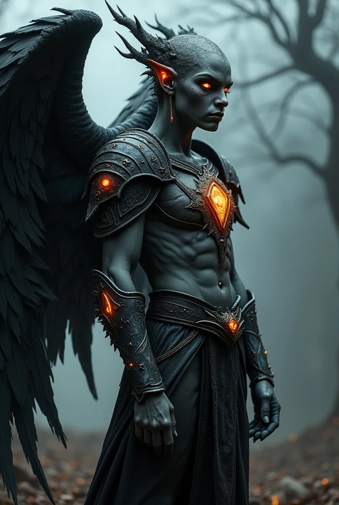 Skinned: darkly com tons acinzentados , as if it were on fire.
eyeballs: Shining in intense amber.
wings: black, with thin and resistant membranes.
armour: darkly, adorned with ancient runes and thorns.
Half-elf human body