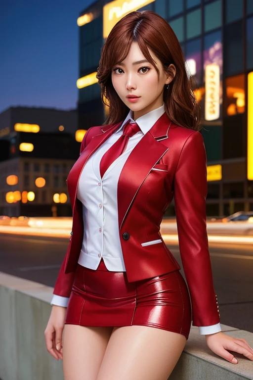 Highest quality,Ultra HD,8k,(Beautiful 25 year old Asian hit woman), (Red Hair 1.8), (White skin), (Serious face), Red skirt suit 1.5, (((Three-piece suit))), (((Dress shirt))), (((tie))), blazer,(Thigh 1.2,Large Breasts), (((Red Suit Jacket))), Black shiny lapel, (((Bodycon mini skirt))), Tight Skirt, bare legs 1.2,Cufflinks, (Night city background), View from the front, Well-groomed and beautiful face 1.2, Dynamic pose, Ambient Lighting, Photographic realism, Intricate facial details, Exquisite handcrafted details, Very detailed, Vibrant colors, Cinematic, High resolution, Trending Styles Raw on Artstation, , Excited,