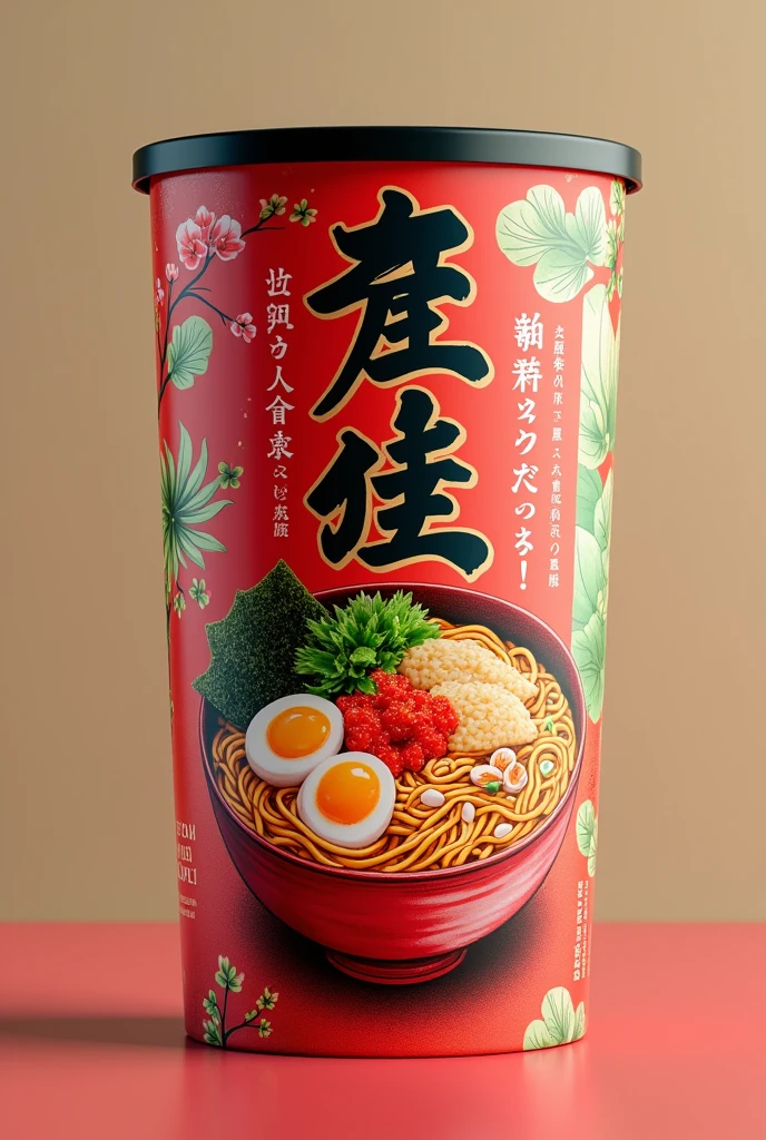 Form and structure:

FORMAT: Circular container, with a flat base and a screw-on lid. The shape is cylindrical and robust, similar to traditional instant ramen cans.
Packaging Material:

Composition: Strong cardboard coated with a layer of lamination for moisture protection. The lid is plastic with a security seal, of typical instant ramen packaging design.
Container Background: red brillante para sabor carne, orange for the chicken flavor container and green for the vegetable flavor container.
Product name: White with black outlines to highlight.
Graphics:
frontal: Vibrant and detailed image of prepared ramen with typical Japanese ingredients, like nori seaweed, scallions and ramen-style boiled eggs. The image should be realistic and appealing.

Lateral: Graphics con patrones tradicionales japoneses, like stylized waves and cherry blossoms, along with illustrations of key ingredients. Artistic details can also be included such as brushstrokes inspired by Japanese calligraphy.General Design:

aspect: Modern but with a strong Japanese touch. The graphics and colors should evoke traditional Japanese aesthetics while remaining appealing to a Western audience.

style: The design incorporates classic Japanese visual elements, like wave and flower patterns, along with typography that mimics Japanese calligraphy style.
Visual Summary:

Main Background: red, black and gold, with Japanese patterns like waves and cherry blossoms.
Product name: Large and stylized on the front, with typography that mimics Japanese characters.