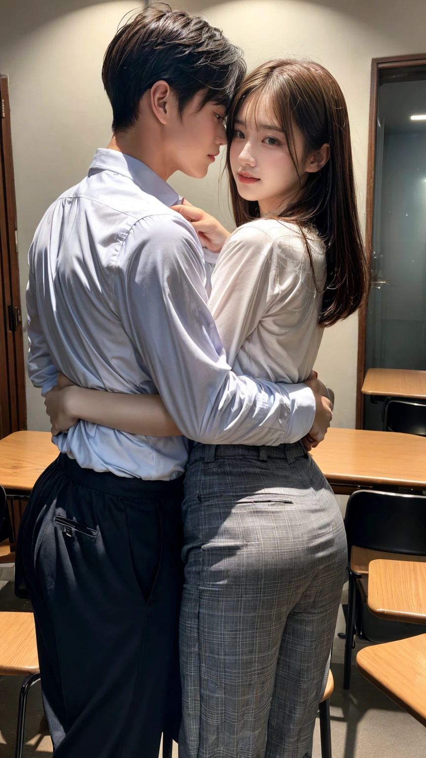 Male and female couples The girl sits in a chair,Wear tight skirts and shirts。The boys hugged each other from behind。Boy in high school trousers uniform with mashed potato cut hairstyle。Without glasses,Women are not clothed