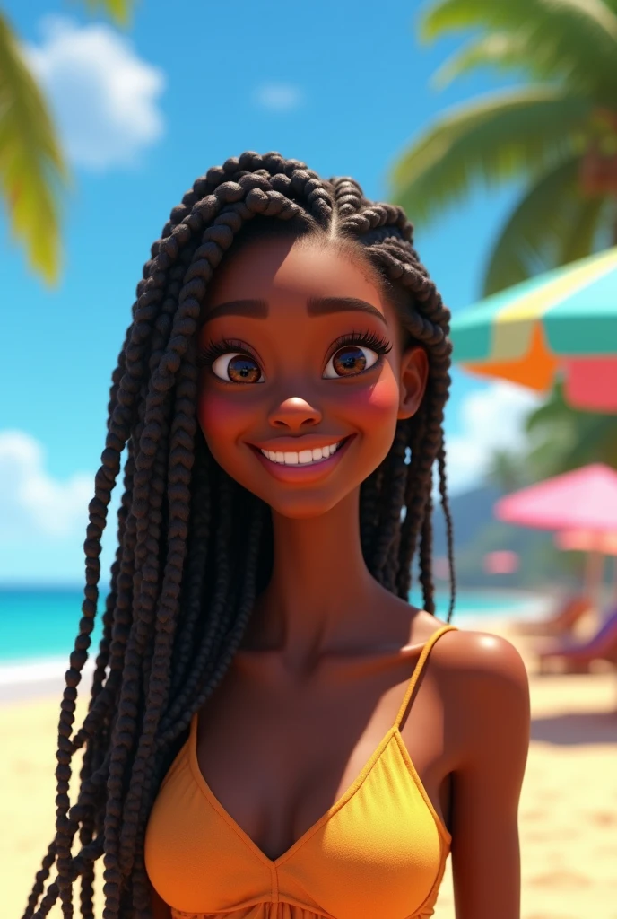 "(best qualityer,ultra detali,realisitic:1.37),3D rendering,illustration,character  design,long, dark braids,beautiful detailed eyes,Pixar-style,dark-skinned black woman,at beach,clear atmosphere,bright coloured,,happy expression"