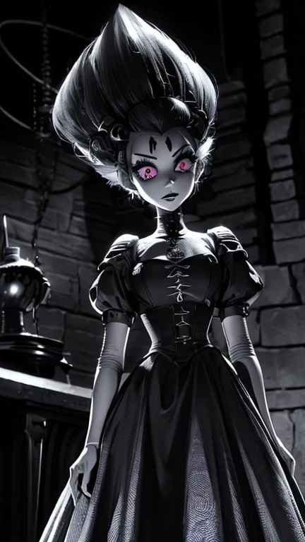 (1girl, Br1de0Fr4nk), (extremely detailed CG unit 8k wallpaper),(master part), (best quality), (ultra detail), (best illustration),(TimBurton Animation), cowboy shot, (Sharp eyeliner, ombre, detail eyes), dark dungeon interiors background, ,break , (vamptech), 