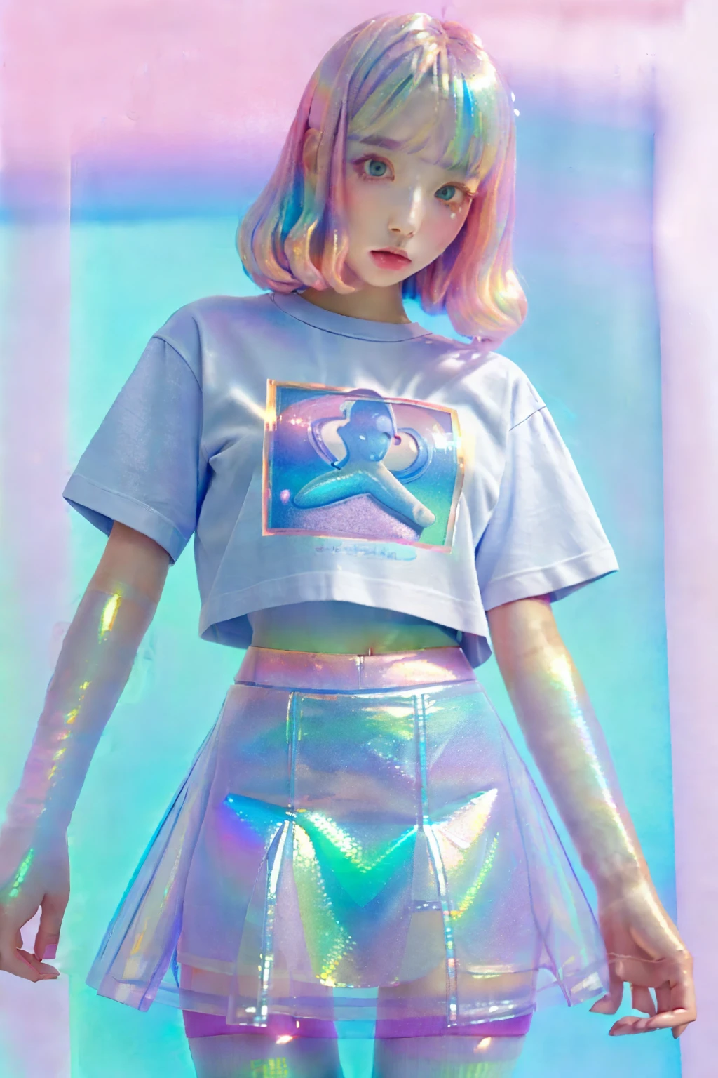 A holographic kawaii mini skirt and T-shirt, holographic anime style pastel colors, see-through, transparent ((Masterpiece High Image Quality)) background metallic office district