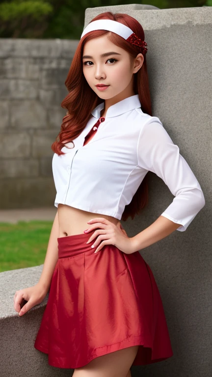 (Highest quality, Ultra-high resolution, Realistic, RAW Photos, Real person, Angle 1 from the front, slightly below.6, Realistic, Detailed skin, Fair skin, Beautiful attention to detail) ,((One Priestess)), (Shrine Maiden Outfit 2.0, White sleeves, Long scarlet skirt,Navel 1.2,(Hide your chest 1.3),Red head accessory:1.5) (Cute and well-defined face 1.2,Solemn,Idol Face) ,((Shrine background 1 in the evening.4)), Red Hair 1.3, Long Hair, Ponytail Break (Small breasts) ,profile, I'm looking forward to (Ceremony at the shrine, Japanese lanterns in the background:1.4) break japanese, Japanese Idols,