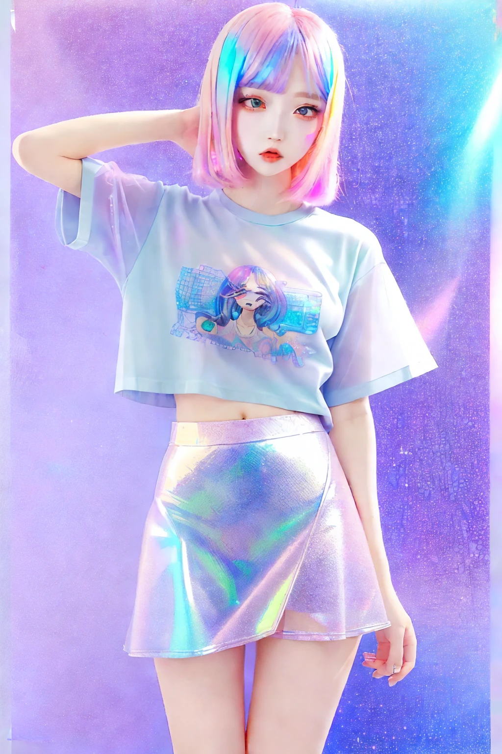 A holographic miniskirt and T-shirt, holographic anime style, pastel color, see-through, transparent ((Masterpiece High Image Quality))