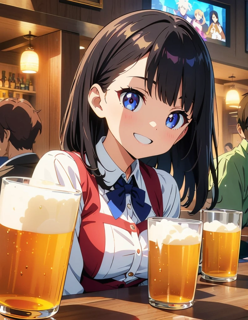 (anime artwork, anime style, studio anime, very detailed, up to date, vibrant, Anime Coloring, high contrast, masterpiece:1.2, best quality, best aesthetics),multiple girl,multiple boy,friend,drinking party,Japanese pub , Medium chest,random hair, perfect proportions, high detail skin, Cute, detailed faces, sit,happy smile, table chair,holding beer mug