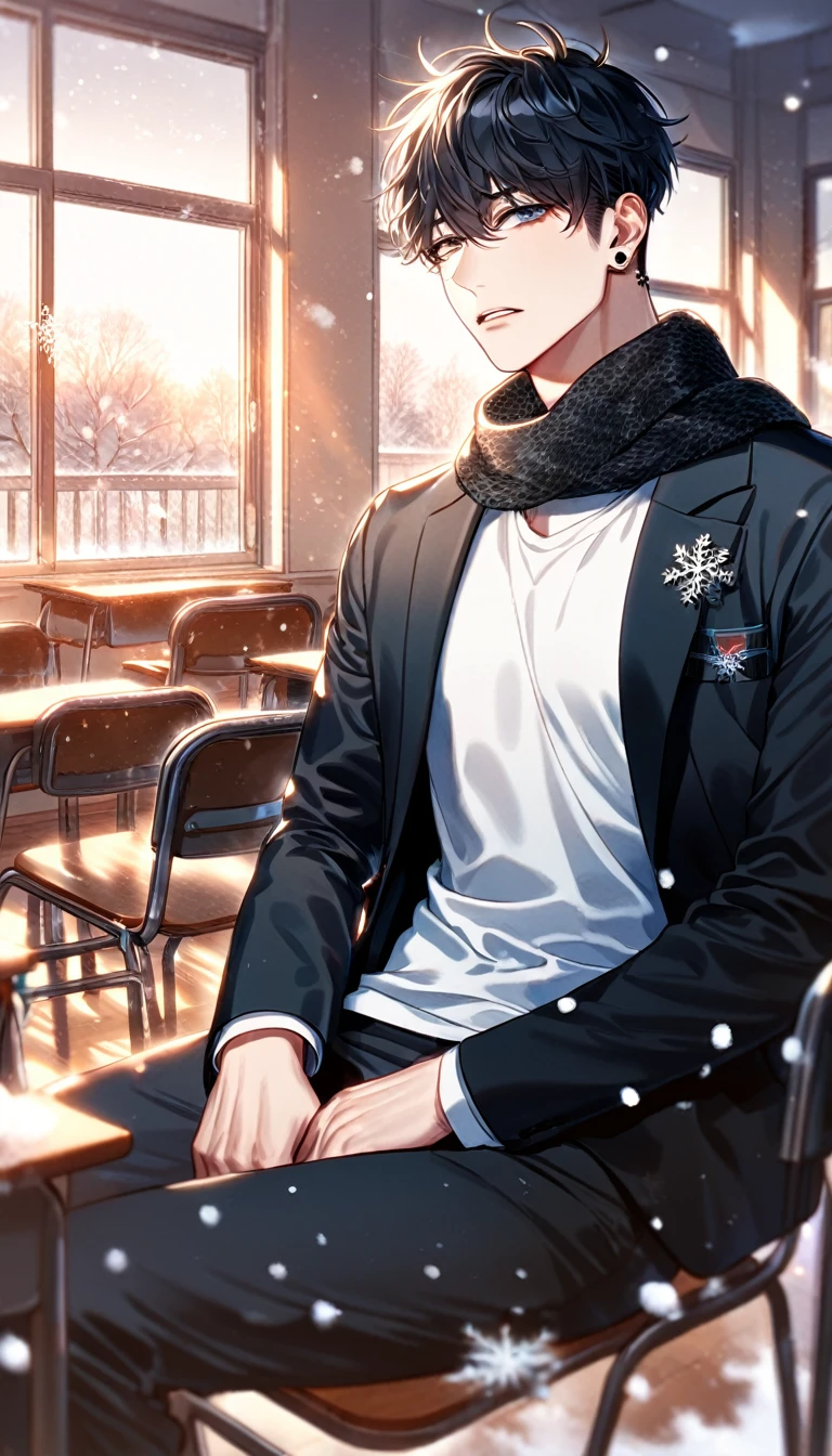 absurdres, highres, ultra detailed, HDR, master piece, best quality, extremely detailed face, delicated features, Kang Woojin, black hair, messy hair, expressive dark blue eyes, Love Jinx, solo, sexy man sitting, handsome, sensual, uniform, black jacket, white shirt, black scarf, black pants, black piercings, classroom, window, chairs, desks, snowing, snowflakes