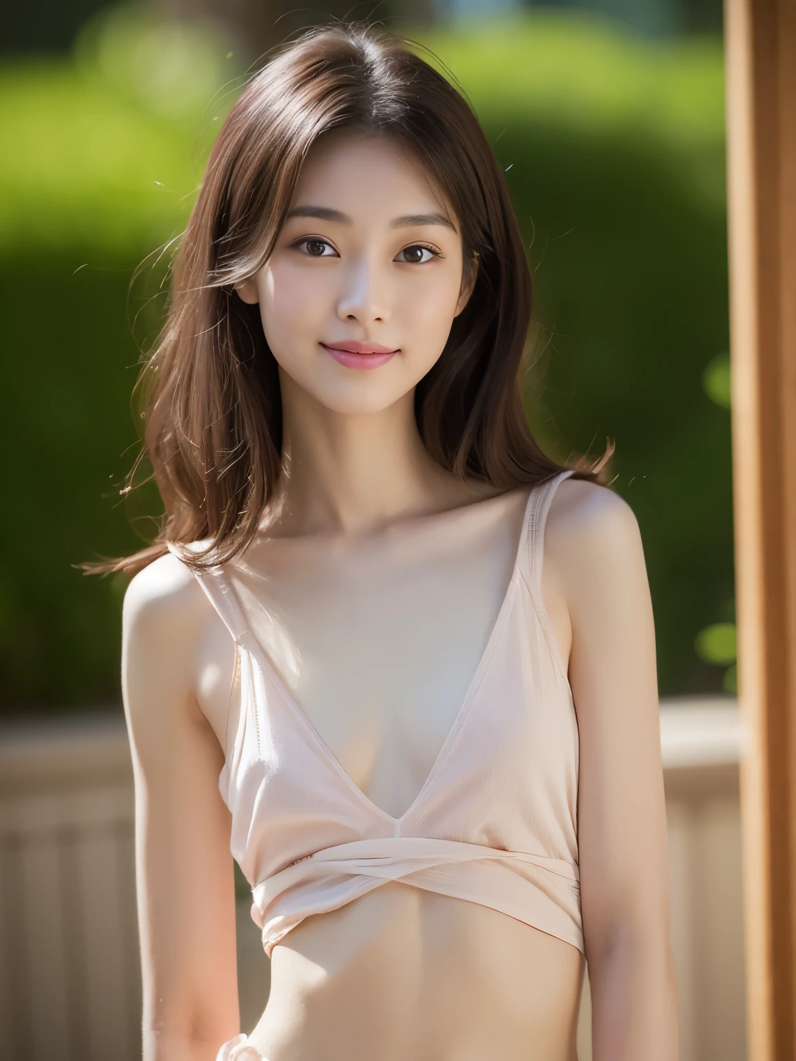 One Beautiful Woman、Highly detailed CG Unity 8K wallpapers、Highest quality、Very detailed、masterpiece、Realistic、Photorealistic、A cute figure carefully drawn down to the last detail、20-year-old、blush、Lips parted、Looking at the audience、Semi Body Shot、nude、(Flat Chest:1.2), ((Skinny body:1.2))、Waist、thigh