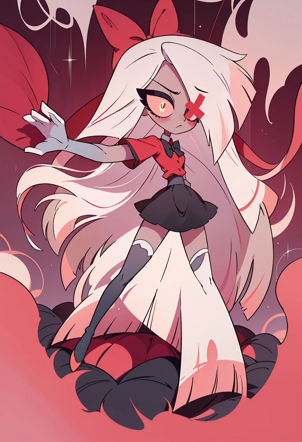 Vaggie from the hazbin hotel, 1 girl, Alone, Masterpiece, Best Quality, illustration, extremely long by white, red ribbon on the back of the head, an eye covered by hair, red x in the eye, pretty eyes, sparkling eyes, sweet expression, good forms, perfect lines, perfect linear, professional, GOOD, beautiful, dynamic poses, (hotel suit, Red shirt, black skirt, black stockings, gloves, bow), gray/piel gray, by white, pink sclera, yellow pupils, long by white, pretty beautiful face, sweet expression, vaggie suit, White shoes, Red shirt with black collar, gray skin, beautiful style, beautiful