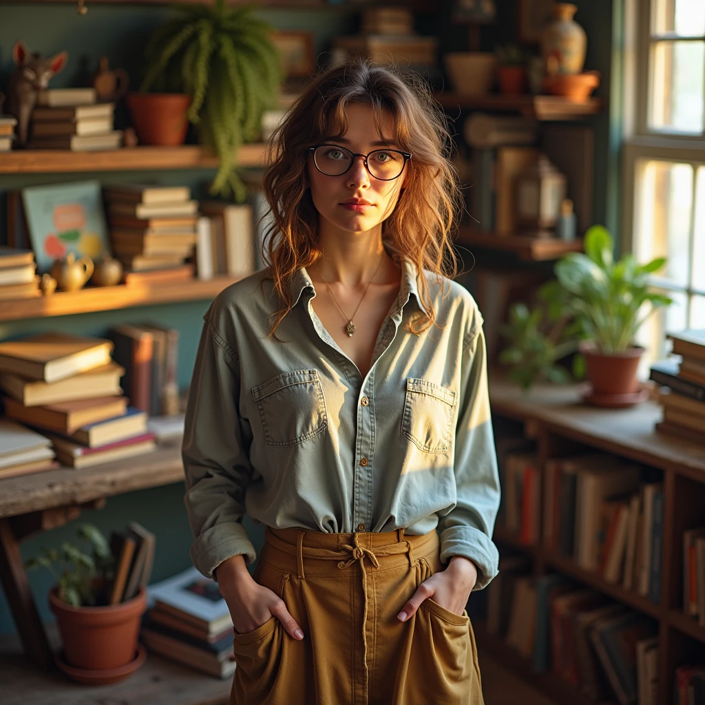 Nerdy woman, thick glasses, messy hair, gigantic breast, extremely wide hips, baggy shirt and long skirt 4k