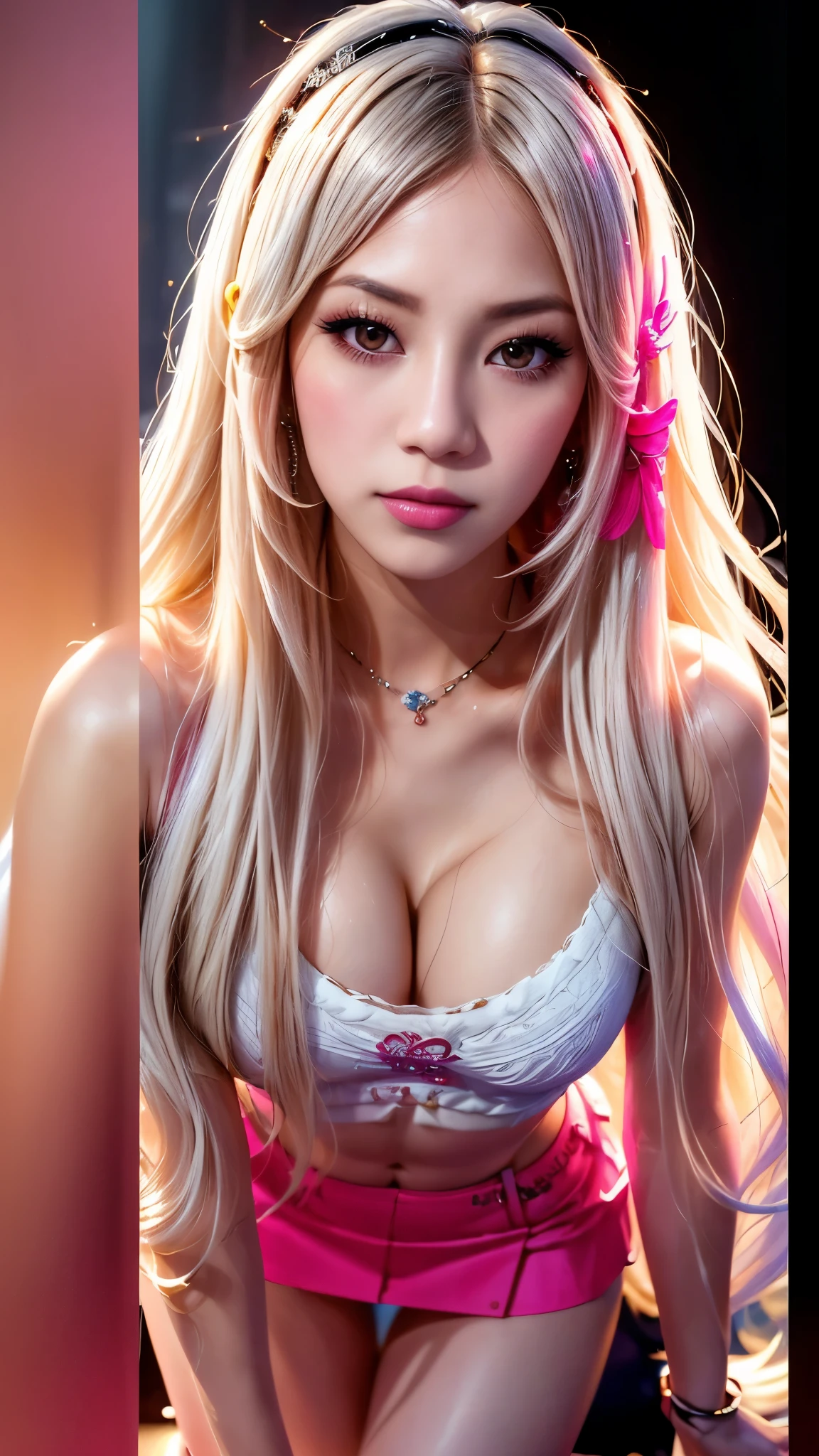 photorealistic,Realistic illustration in Modelshoot style,((masterpiece)),((The best quality)),((Ultra Quality)),((ultra detailed)),((1girl long white hair)),((Only)),((waifu:1.5)),Perfect anatomy,perfect hands,beautiful cuerpo,beautiful_method,ulzzang-6500-v1,e-chica,((Exceptionally Beauty Waifu Princess Mary R.)),((a close up of a woman in a short skirt and a microphone)), ((jisoo from blackpink, jisoo of blackpink, blackpink jennie, bae suzy)), ((portrait jisoo blackpink, lalisa manoban of blackpink, jia)), ((performing on stage)), ((kda, lalisa manobal, sun yunjoo, jossi of blackpink, jinyoung shin, aesthetic!!!!!! female genie)),((bright-pink_eyes)),long wavy hair, ((white hair)),hair clips,eyeliner,cute makeup,lipstick,Glossy lipstick,with a look of terror, worry and sadness,((eyes detallados perfectos)),rainy with fog outside,evening,pink theme,bioluminiscencia,light particles,((Extremely CG Unity 8K Wallpaper)),((cinematic lighting,Best quality lights)),intricate details,Suave,sharp focus,Extremely beautiful and aesthetic,Octane rendering,Full length portrait,damp skin,((Perfect detailed body)),