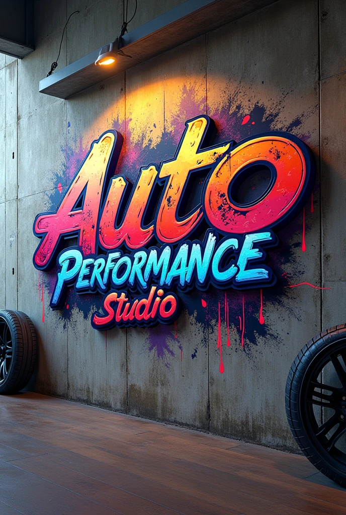 Create a logo with the words Auto Performance Studio geared towards the automotive industry using graffiti art in a way that can be placed on a real wall of the store using a realistic style.