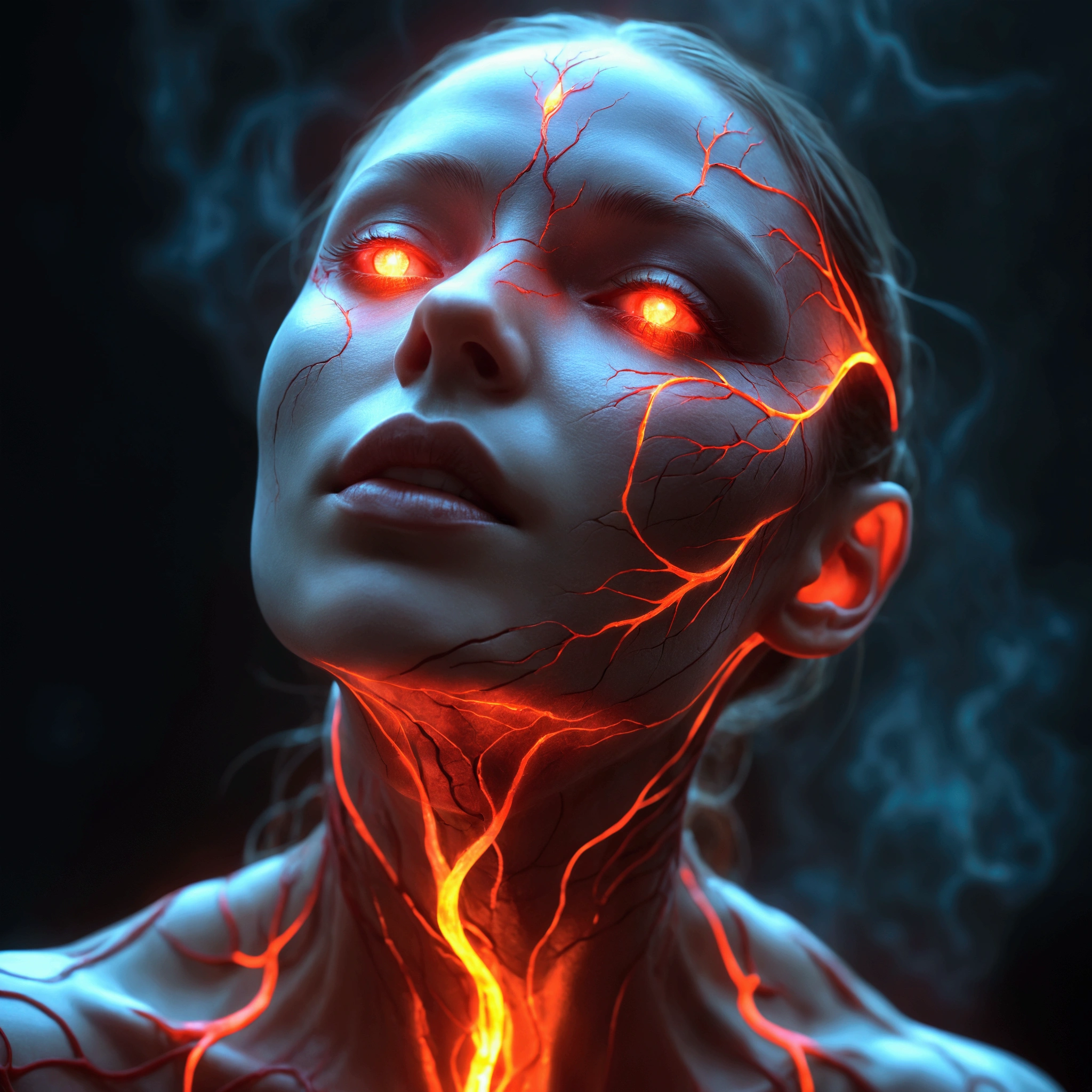 a close up of a person with a glowing face and body, glowing red veins, fractal veins. cyborg, red glowing veins, glowing veins, bright glowing veins, human glowing, tomasz alen kopera and cgsociety, melted cyborg, inspired by Mike Winkelmann, woman made of black flames, digital art 4k unsettling, detailed glowing head